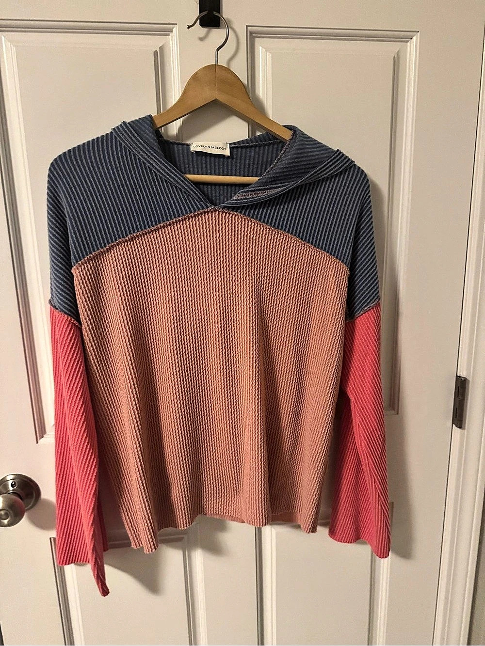 Lovely Melody Color Block Hooded Top in Pink & Blue